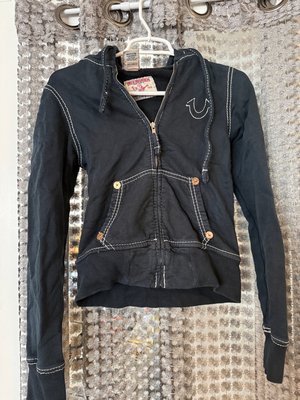 True Religion Black Hooded Zip Jacket with White Contrast Stitching